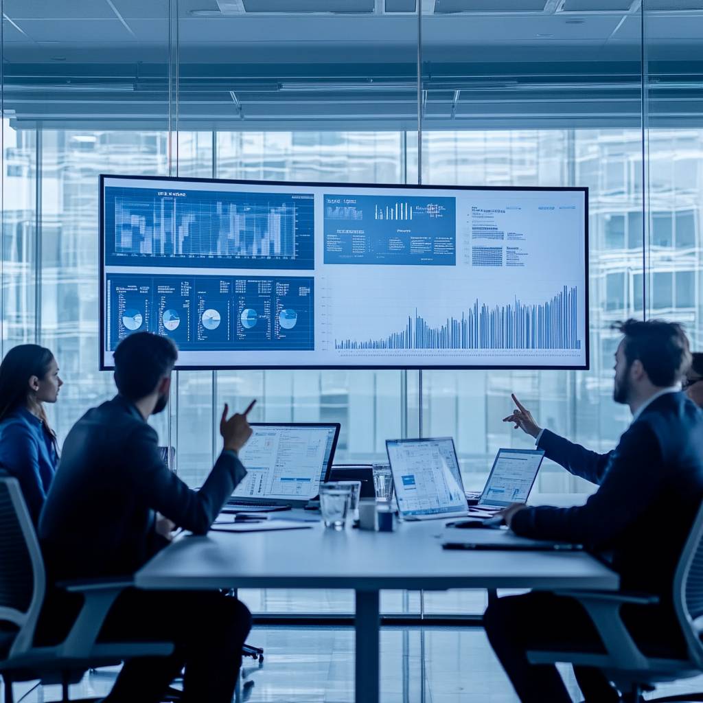 A group of professionals in a modern conference room discussing data analytics displayed on screens, with laptops and documents around them.