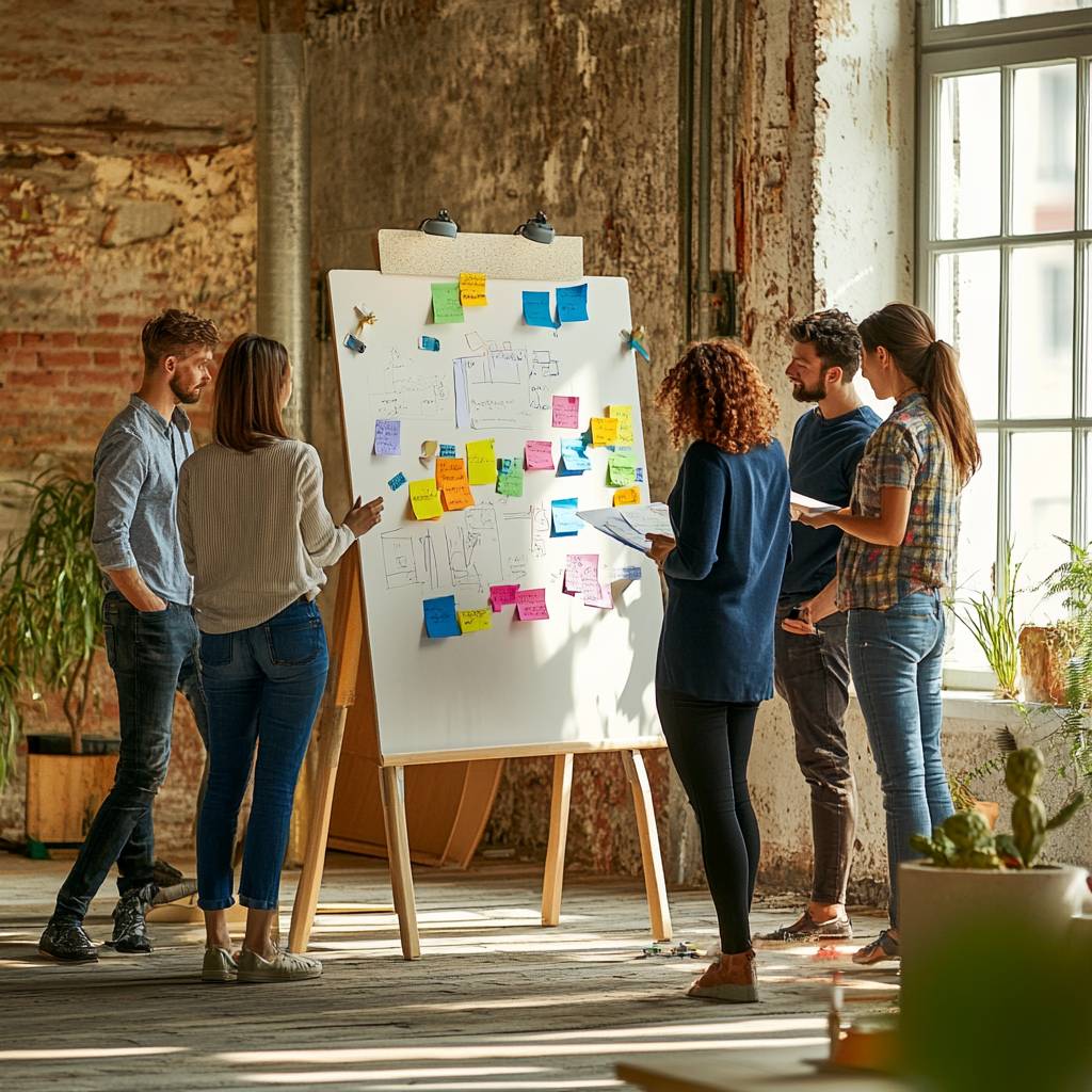 A group of five diverse professionals collaborates around a whiteboard filled with colorful sticky notes, brainstorming ideas in a bright, open workspace.