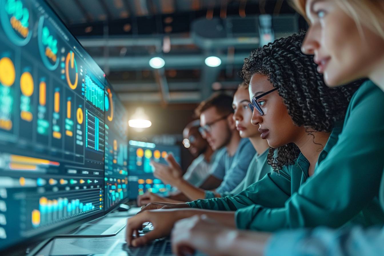A diverse group of professionals focused on data analysis, working intently at computers displaying vibrant digital dashboards and metrics.