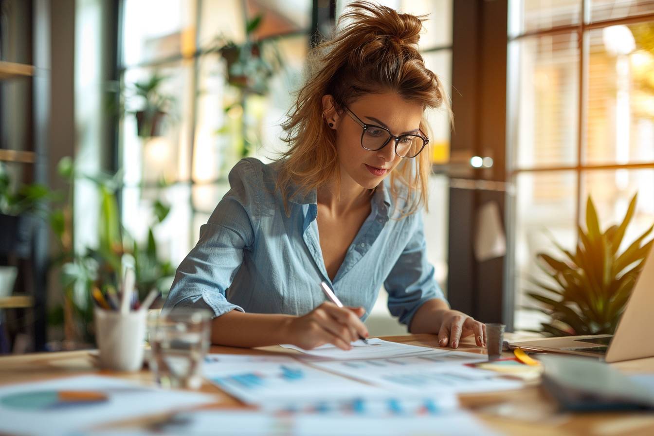 A young woman in glasses focuses intently on paperwork while seated at a desk surrounded by plants and a laptop, capturing a productive atmosphere.