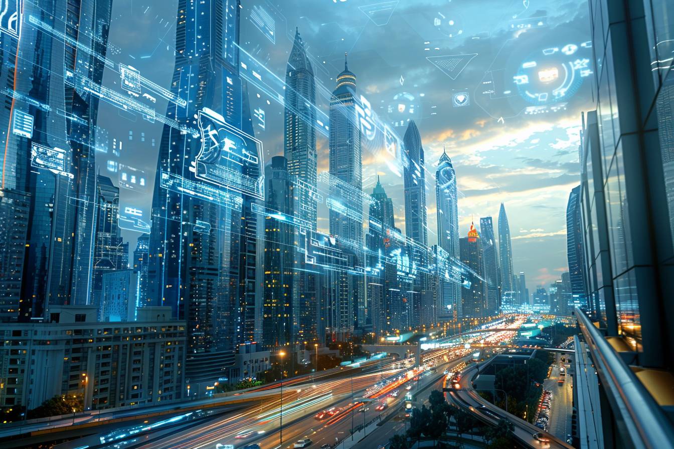 A futuristic city skyline featuring towering skyscrapers, digital overlays with data visuals, and a busy highway at dusk.