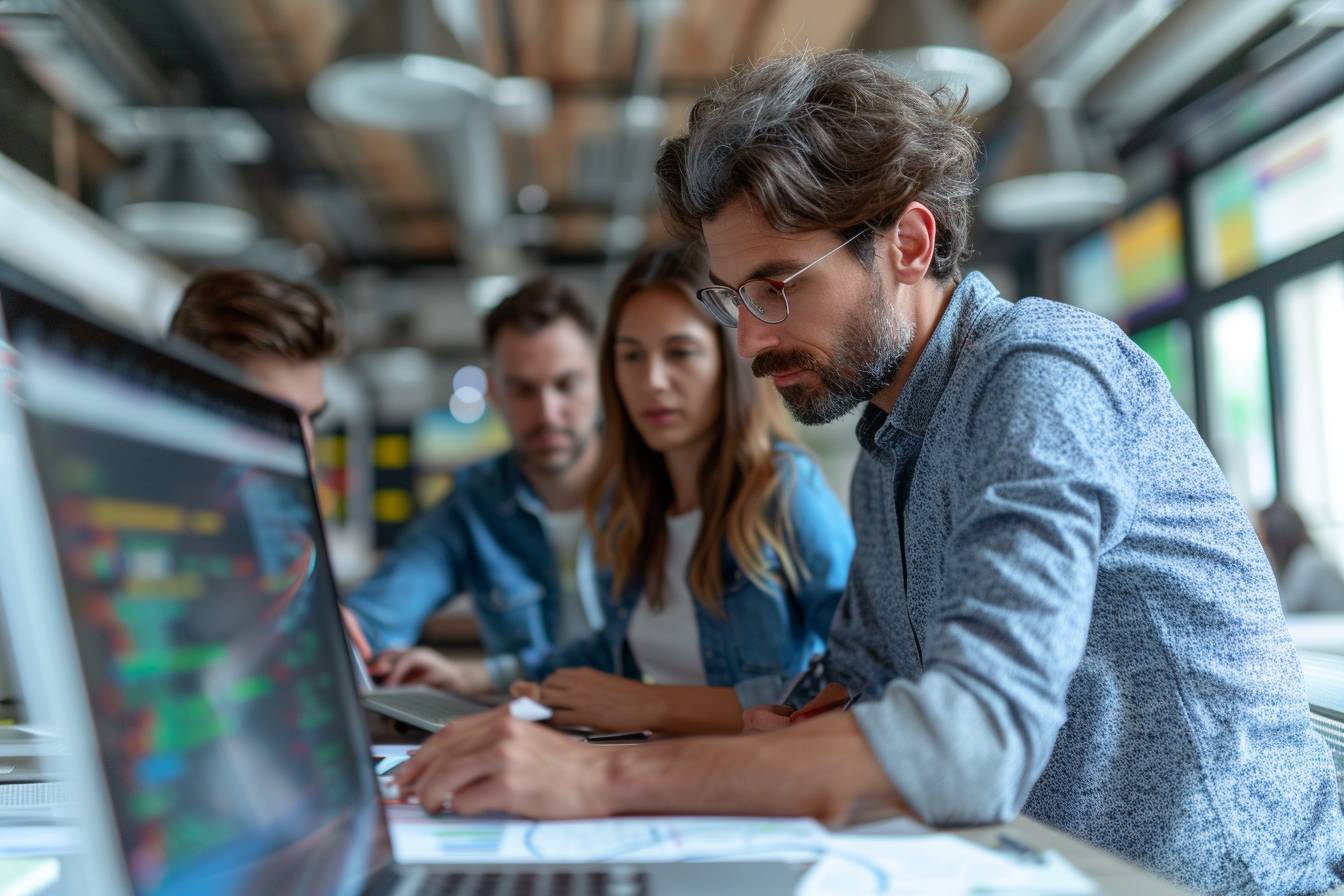 A group of three professionals focus on their laptops in a modern office, surrounded by tech gadgets and collaborative workspace.