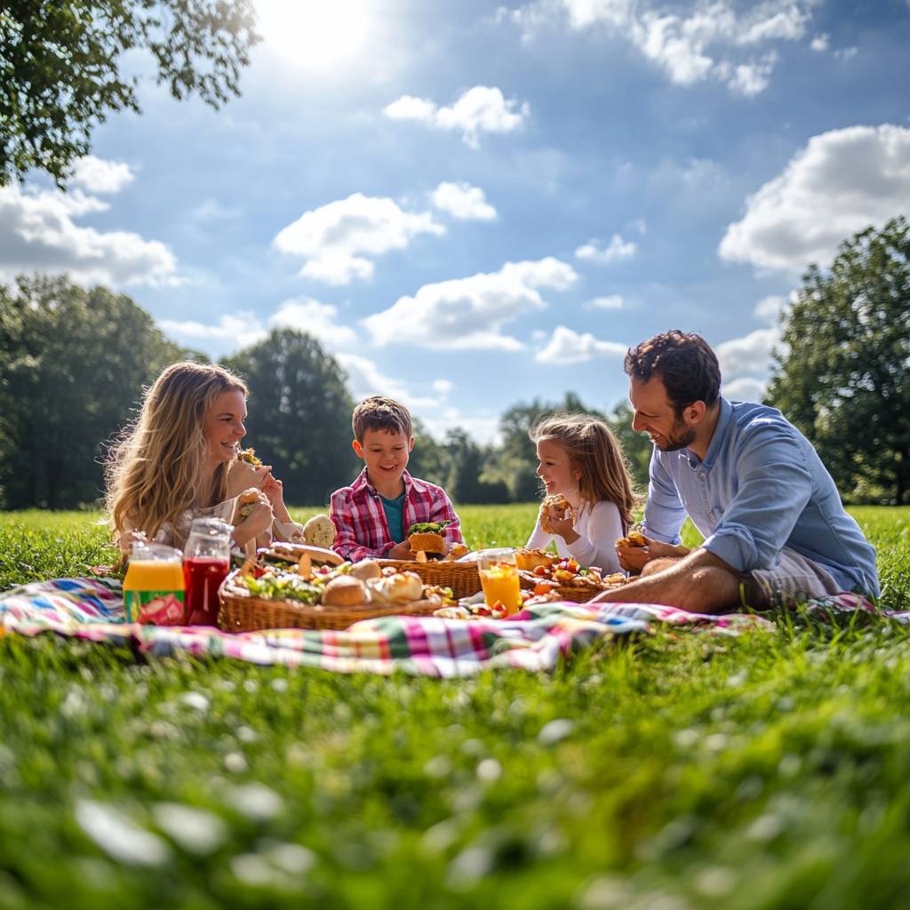 A family enjoys a sunny picnic on a blanket in the park, sharing food and laughter, surrounded by green grass and blue skies.