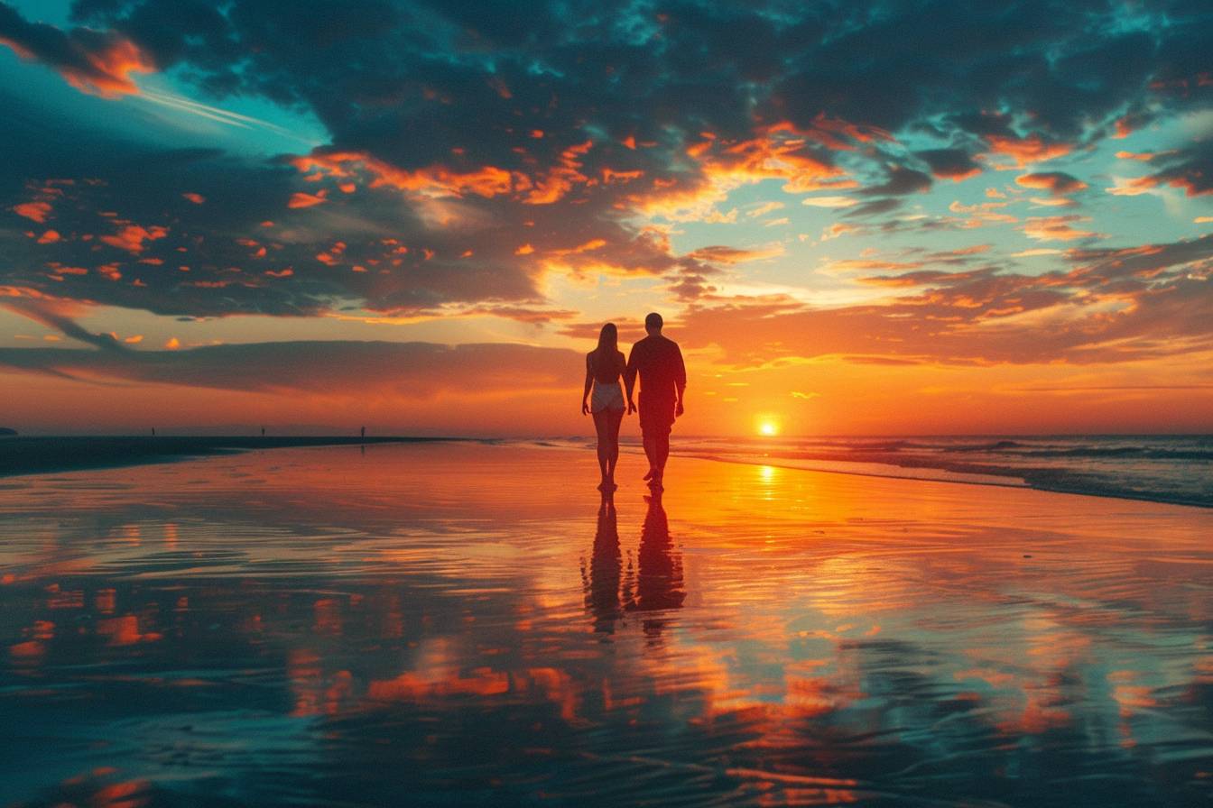 A couple walks hand in hand along a serene beach at sunset, with vibrant colors reflecting on the wet sand and clouds above. 