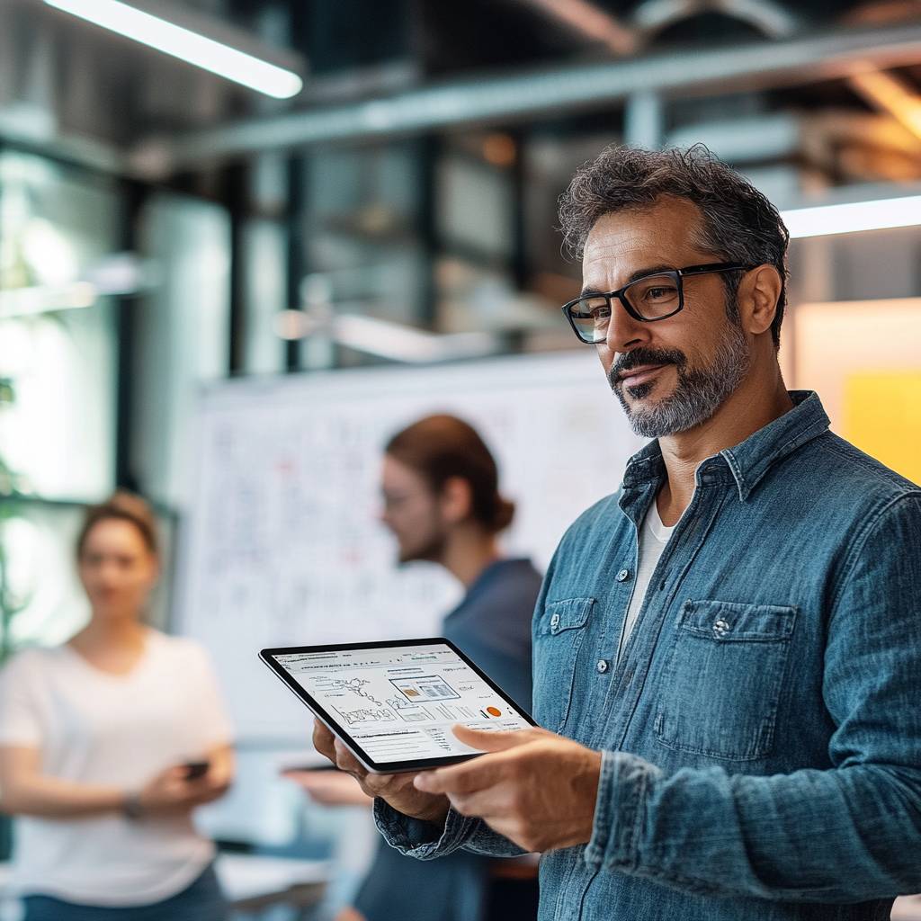 A middle-aged man in glasses stands holding a tablet, engaged in a discussion with colleagues in a modern office setting.