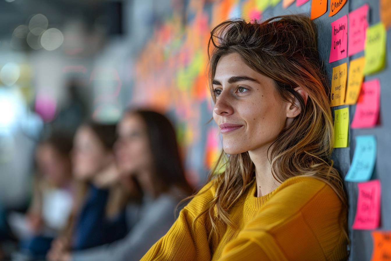 A woman with long hair and a yellow sweater smiles while leaning against a wall covered in colorful sticky notes, engaged in thought.