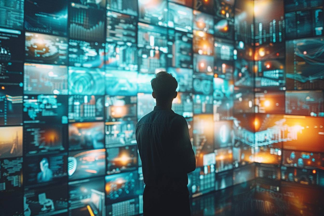A person stands in front of a wall of digital screens displaying various data visualizations and graphs, immersed in technology and analytics.
