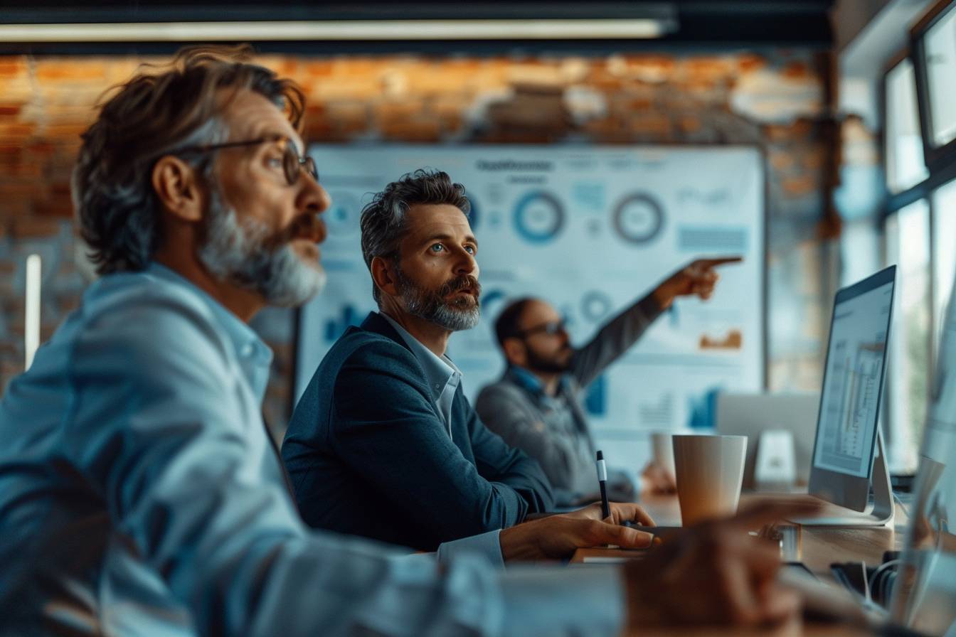Three men in a modern office setting engaged in a meeting, with one pointing at a presentation while others focus intently.