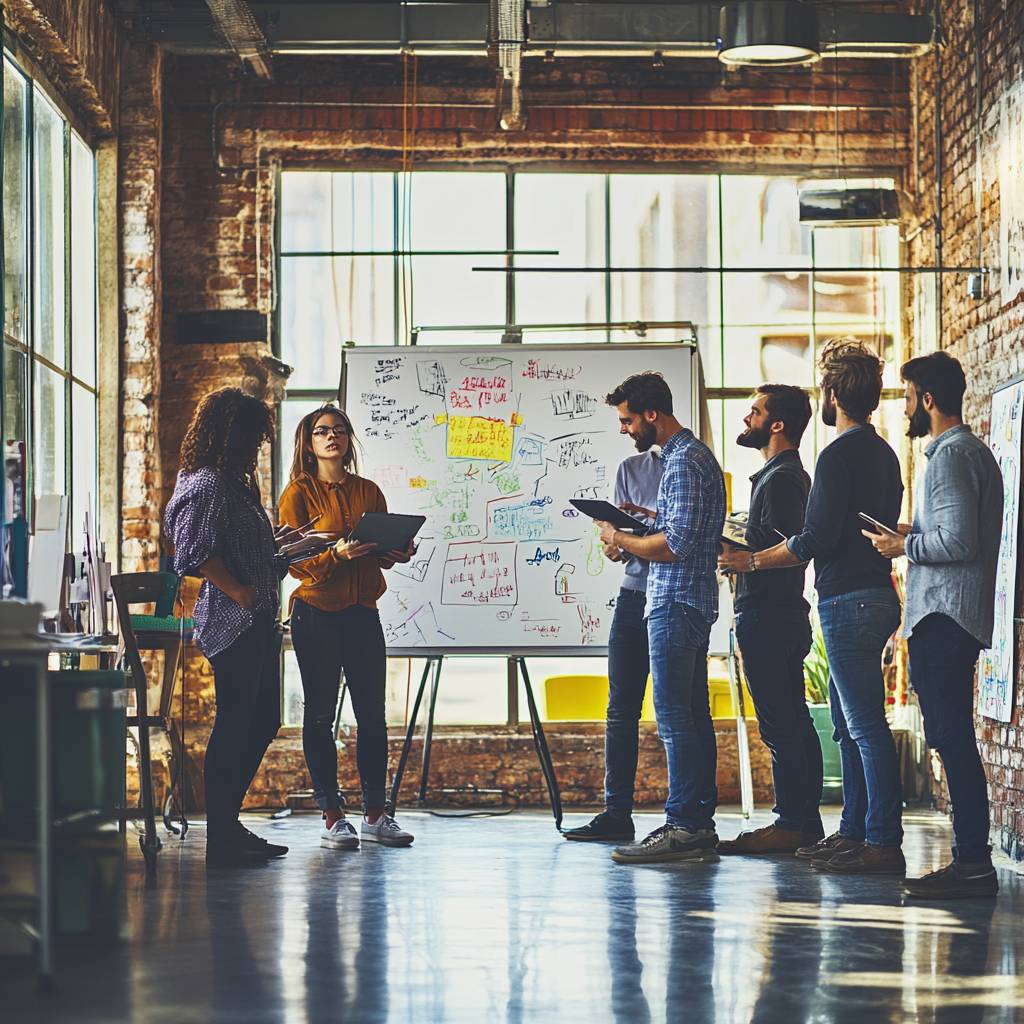 A group of seven people in a creative meeting space, discussing ideas in front of a whiteboard filled with notes and sketches.