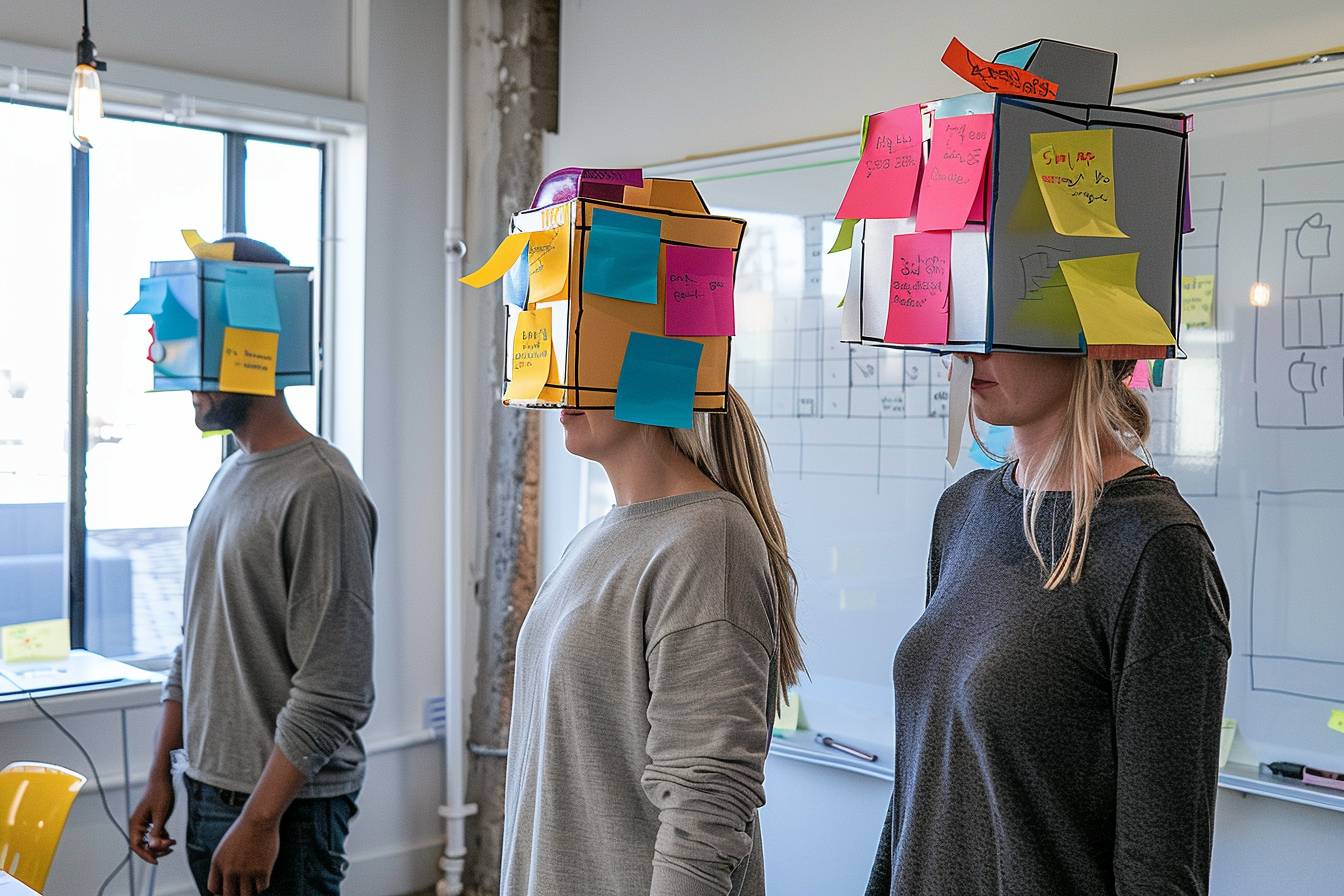Three individuals in a modern office wear colorful boxes with sticky notes on their heads, engaging in a creative brainstorming session.