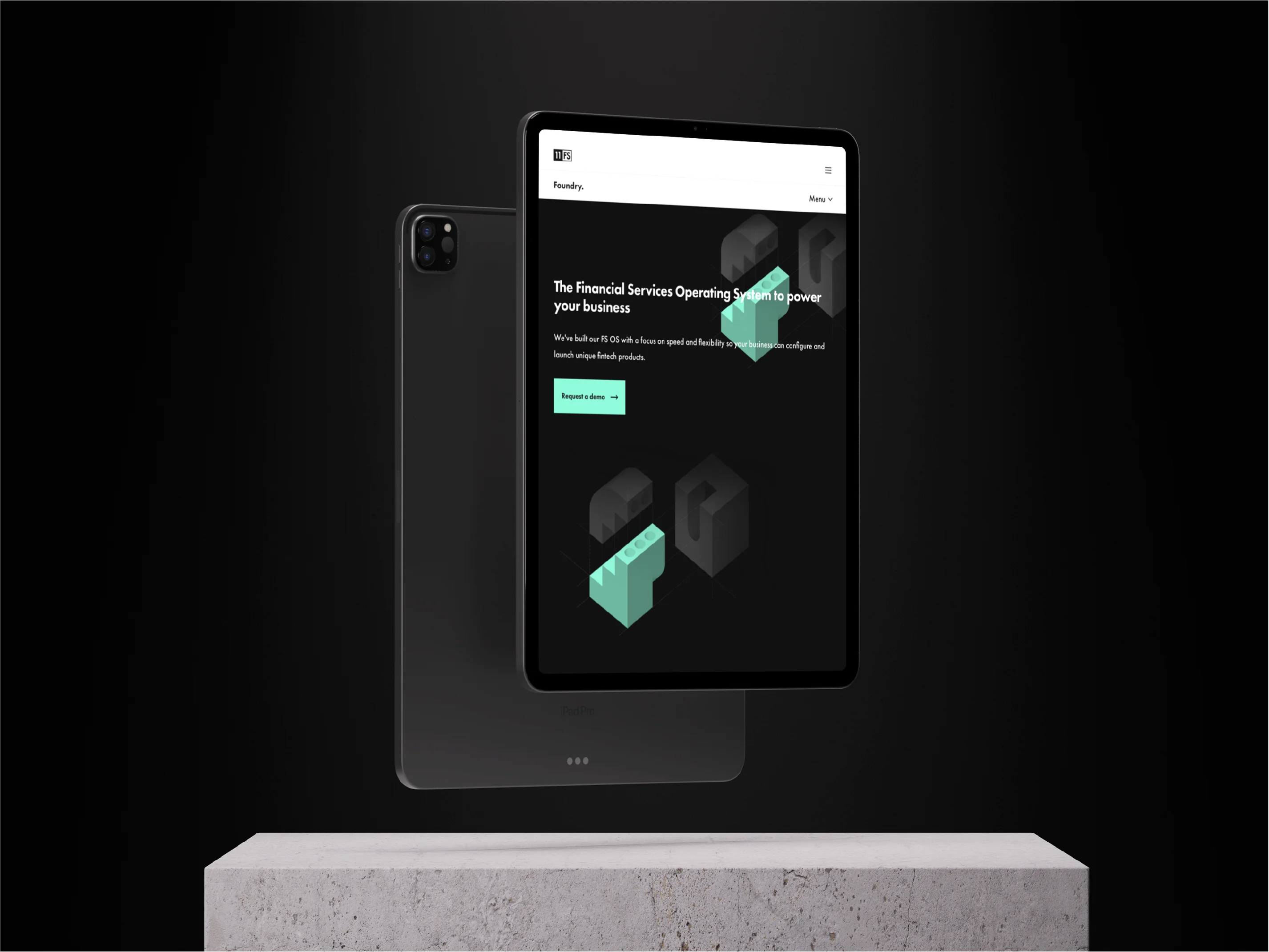 Front and back view of a floating black iPad Pro displaying a fintech website with the headline 'The Financial Services Operating System to power your business.'
