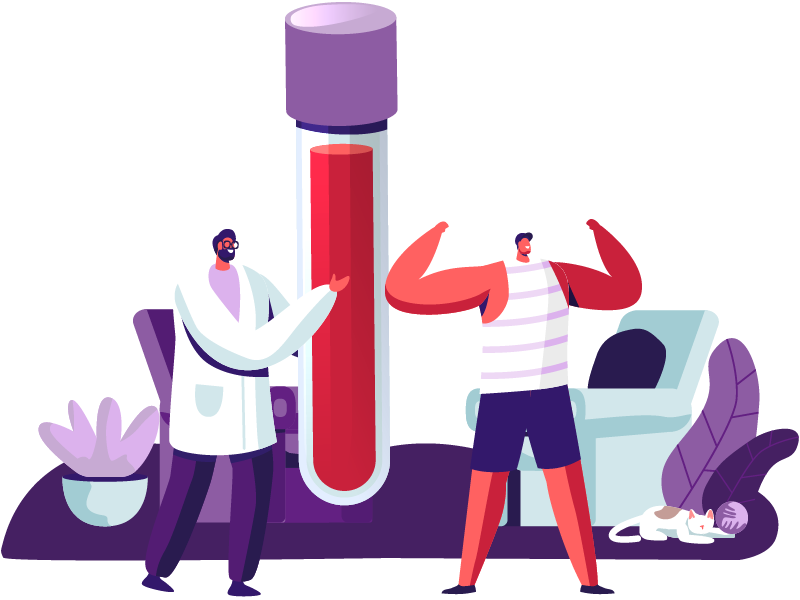 Ilustração de um médico segurando um tubo de ensaio gigante cheio de líquido vermelho, representando uma amostra de sangue. Ao lado do médico, há um homem musculoso vestindo uma regata e shorts, flexionando os braços para mostrar seus músculos. A cena se passa em um ambiente interno com um sofá, uma planta, e um gato branco dormindo ao fundo.