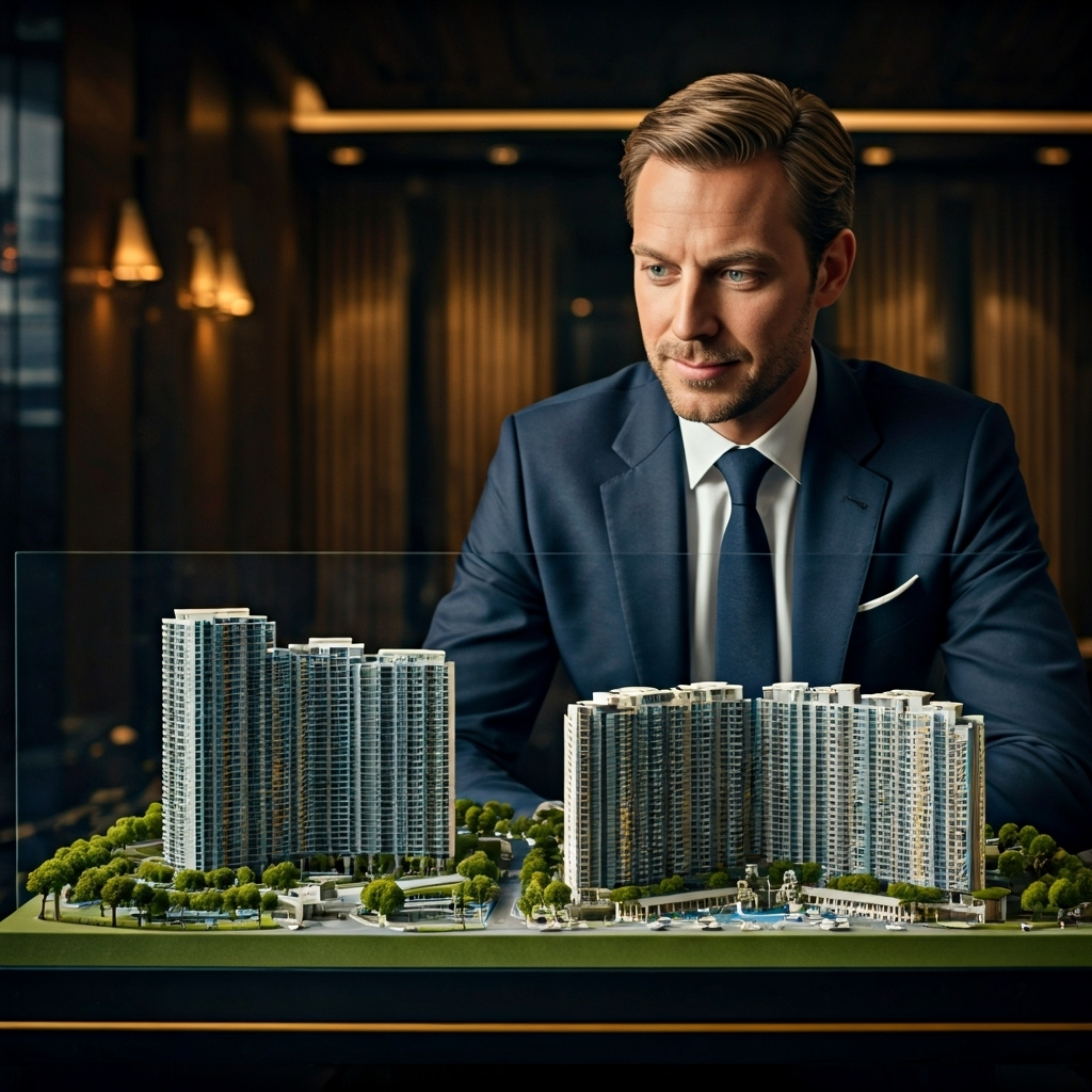 Zakenman in pak bekijkt een schaalmodel van moderne appartementengebouwen in een luxe kantoorruimte.