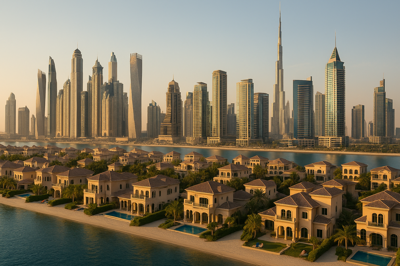 Panoramisch uitzicht op luxe woningen en moderne gebouwen in Dubai, een hotspot voor vastgoed en investeringen.