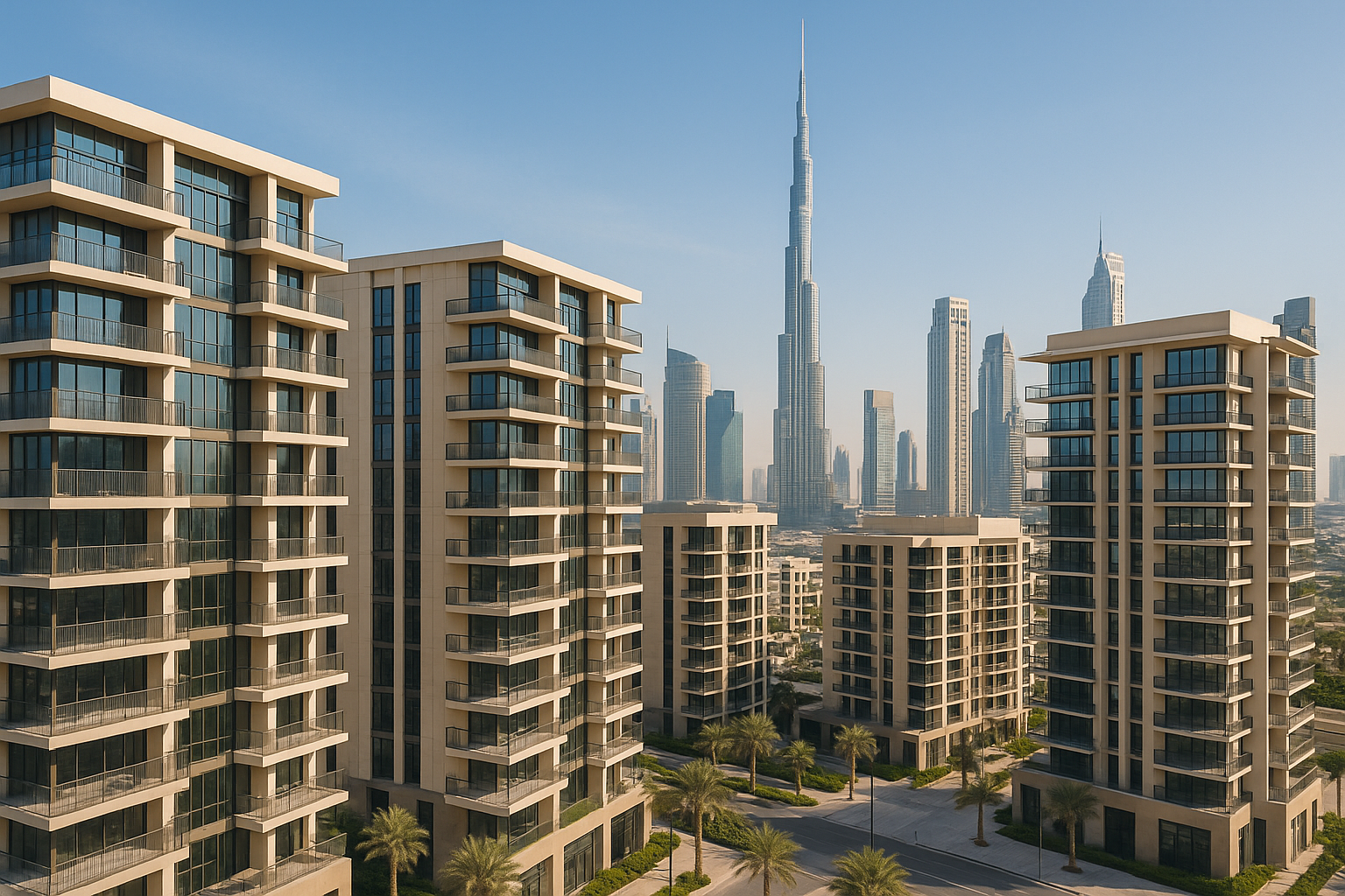 Moderne appartementsgebouwen in Dubai, perfect voor off-plan vastgoed investeringen.