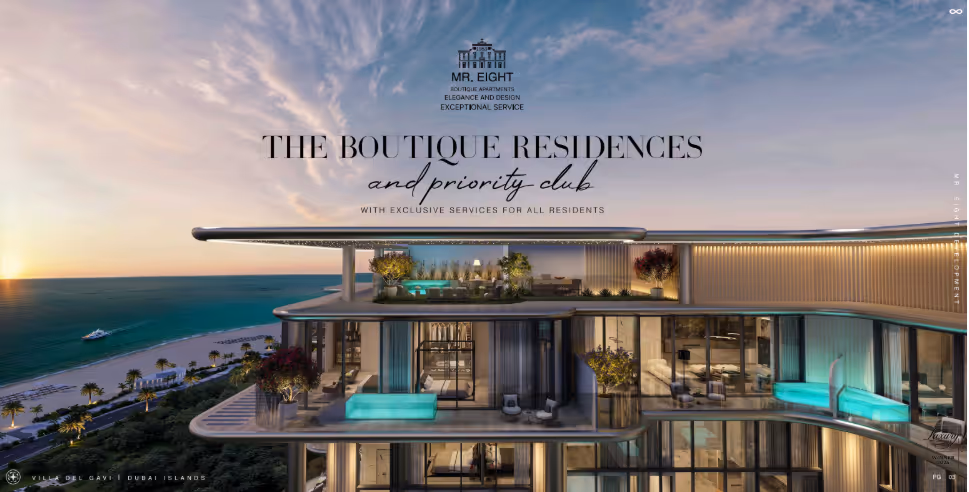 Villa del DIVOS is an exclusive branded residence on the waterfront of Dubai Islands. The project combines Italian elegance, modern design, and superior craftsmanship in a private living experience. It is a "Private Collection" of just 108 residences with a strong emphasis on balance, luxury, and privacy. Architecture, interiors, and the service concept are designed to deliver the highest standard of living, featuring wellness, branded transport, and views of the sea or skyline.