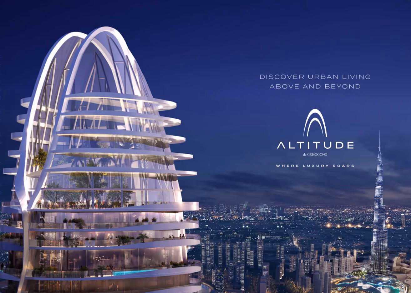 Altitude de GRISOGONO is a new residential tower in Dubai, located in Business Bay with views of the Dubai Canal and the city skyline. The building is inspired by the opal and combines stylish design with high-end finishes. The luxury apartments, designed in collaboration with de GRISOGONO, feature neutral tones, abundant natural light, and clean lines, creating a comfortable and elegant living environment. Amenities include a spa, salon, beauty bar, hydrotherapy, and temperature-controlled float pools. Altitude de GRISOGONO offers a combination of urban living, extensive facilities, and stunning views, delivering a premium residential experience.