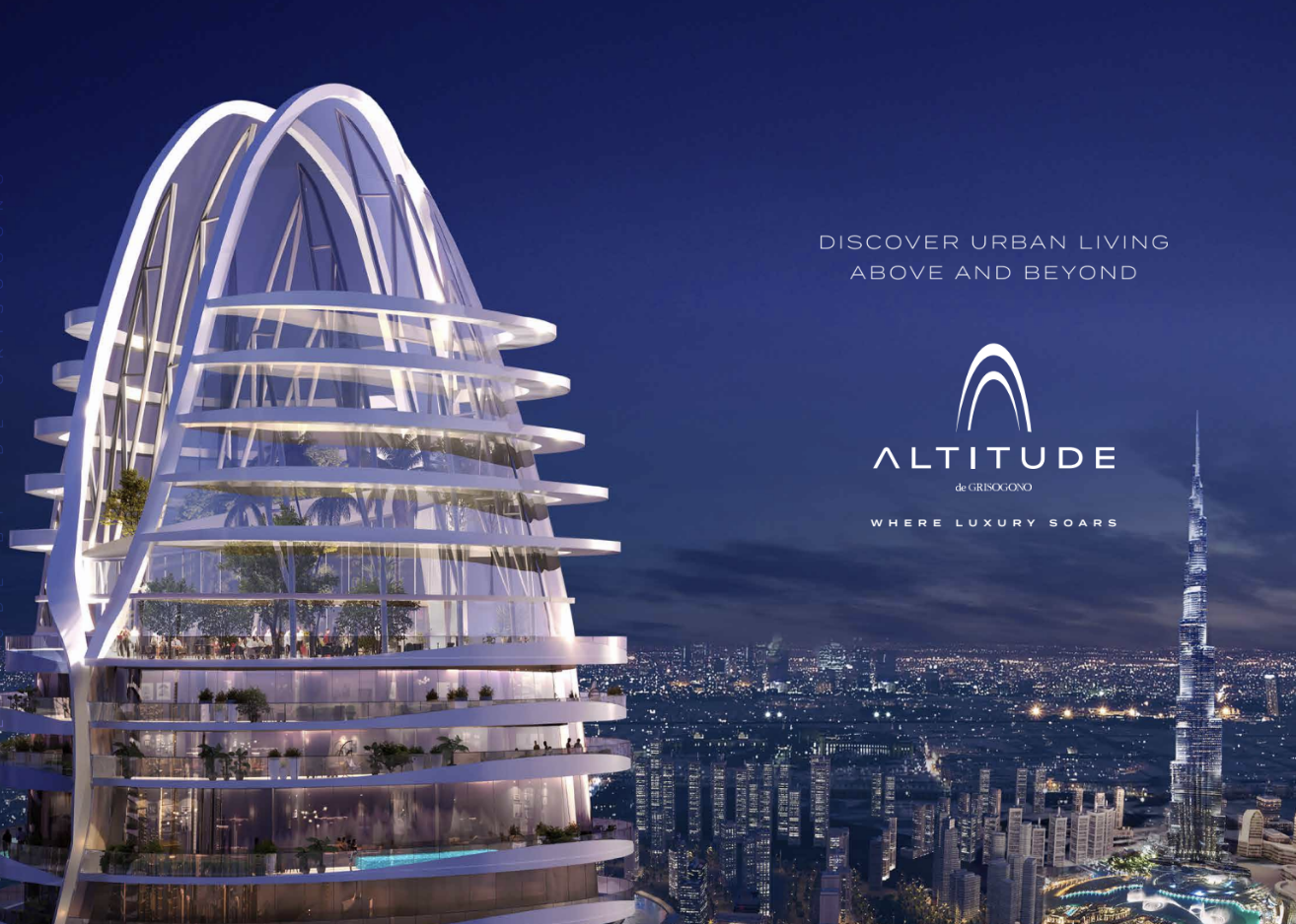 Altitude de GRISOGONO est une nouvelle tour résidentielle à Dubaï, située dans Business Bay et surplombant le canal de Dubaï et la ligne d'horizon de la ville. Inspiré par l'opale, le bâtiment allie un design élégant à des finitions de haute qualité. Conçus en collaboration avec GRISOGONO, les appartements de luxe présentent des tons neutres, beaucoup de lumière naturelle et des lignes épurées, créant un cadre de vie confortable et élégant. Les équipements comprennent un spa, un salon, un bar de beauté, des piscines d'hydrothérapie et des piscines flottantes à température régulée. Altitude de GRISOGONO offre une combinaison de vie urbaine, d'équipements complets et de vues imprenables, pour une expérience de vie de grande qualité.