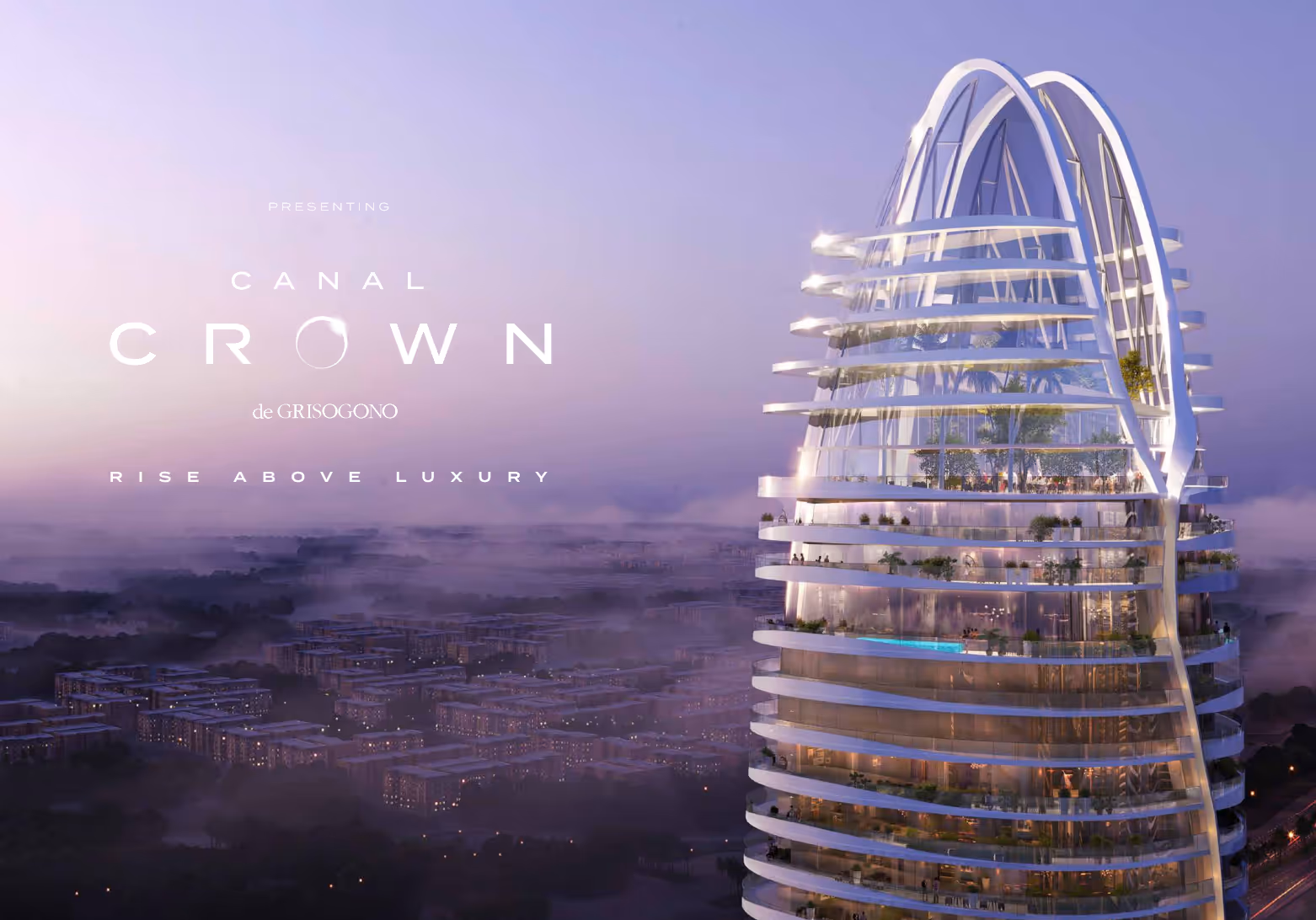 Damac Canal Crown is a new 38-storey development, designed by de Grisogono, located in Business Bay, Dubai. The project offers a selection of studios, 1- and 2-bedroom apartments, and 3- and 4-bedroom super-luxury duplexes. The exclusive façade design, developed by the renowned Damac Properties, is complemented by world-class amenities and delivers a luxurious lifestyle, with stunning views over the Dubai Canal.