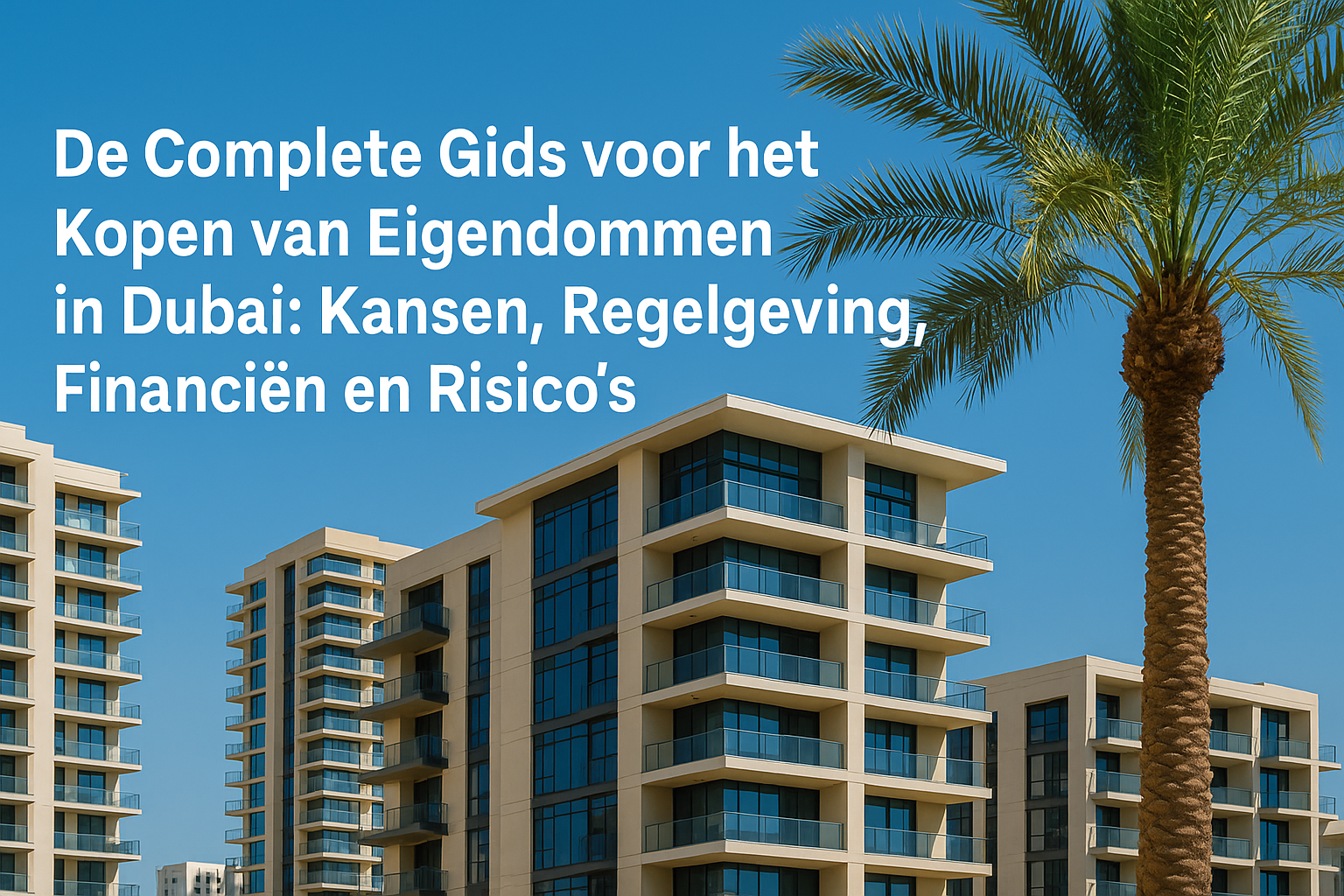 Moderne residenties in Dubai met een palmboom en een blauwe lucht, ideaal voor eigendom kopen in Dubai.