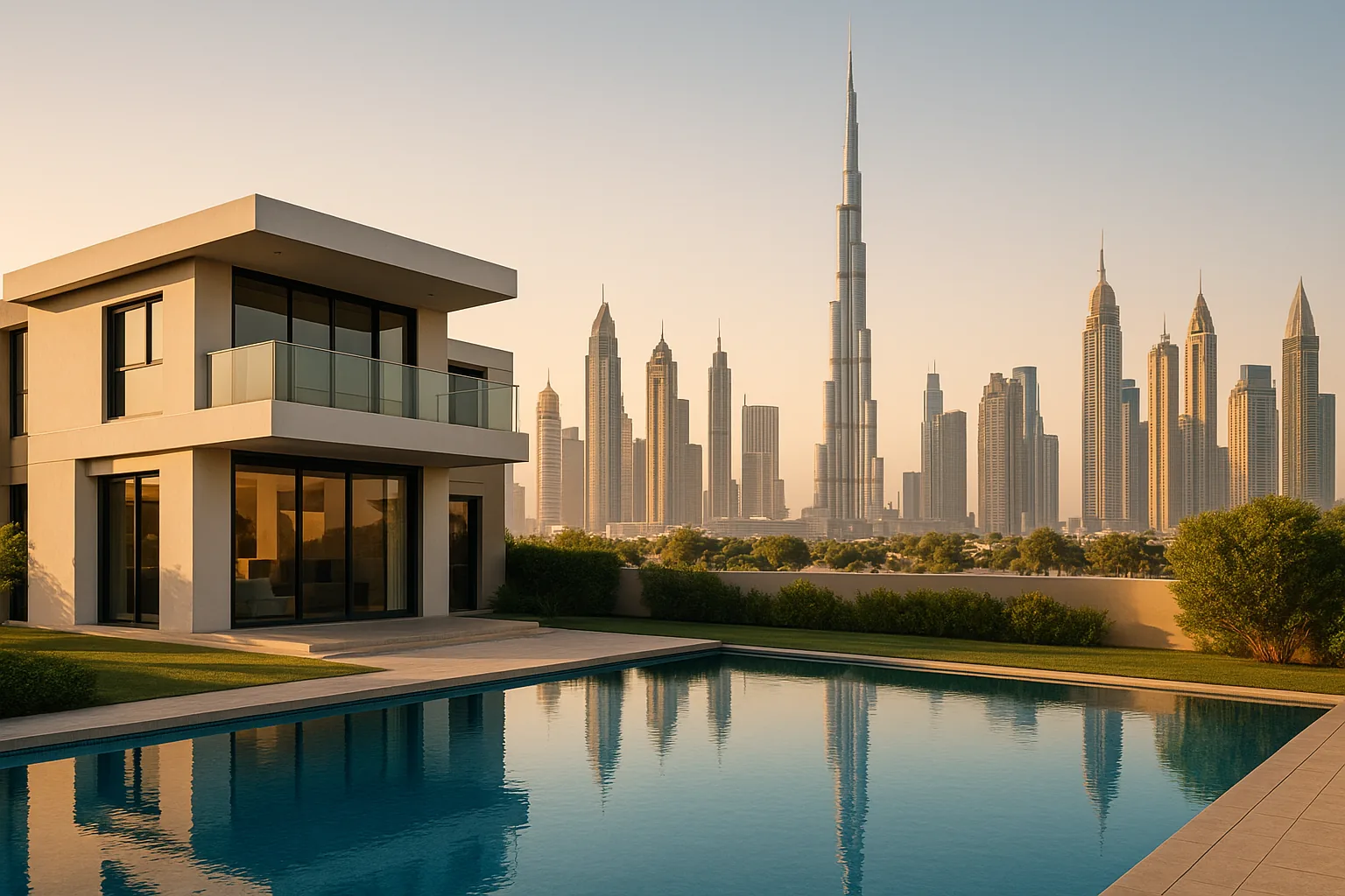 Een moderne woning in Dubai met uitzicht op de skyline, representatief voor eigendomsoverdracht in de stad.