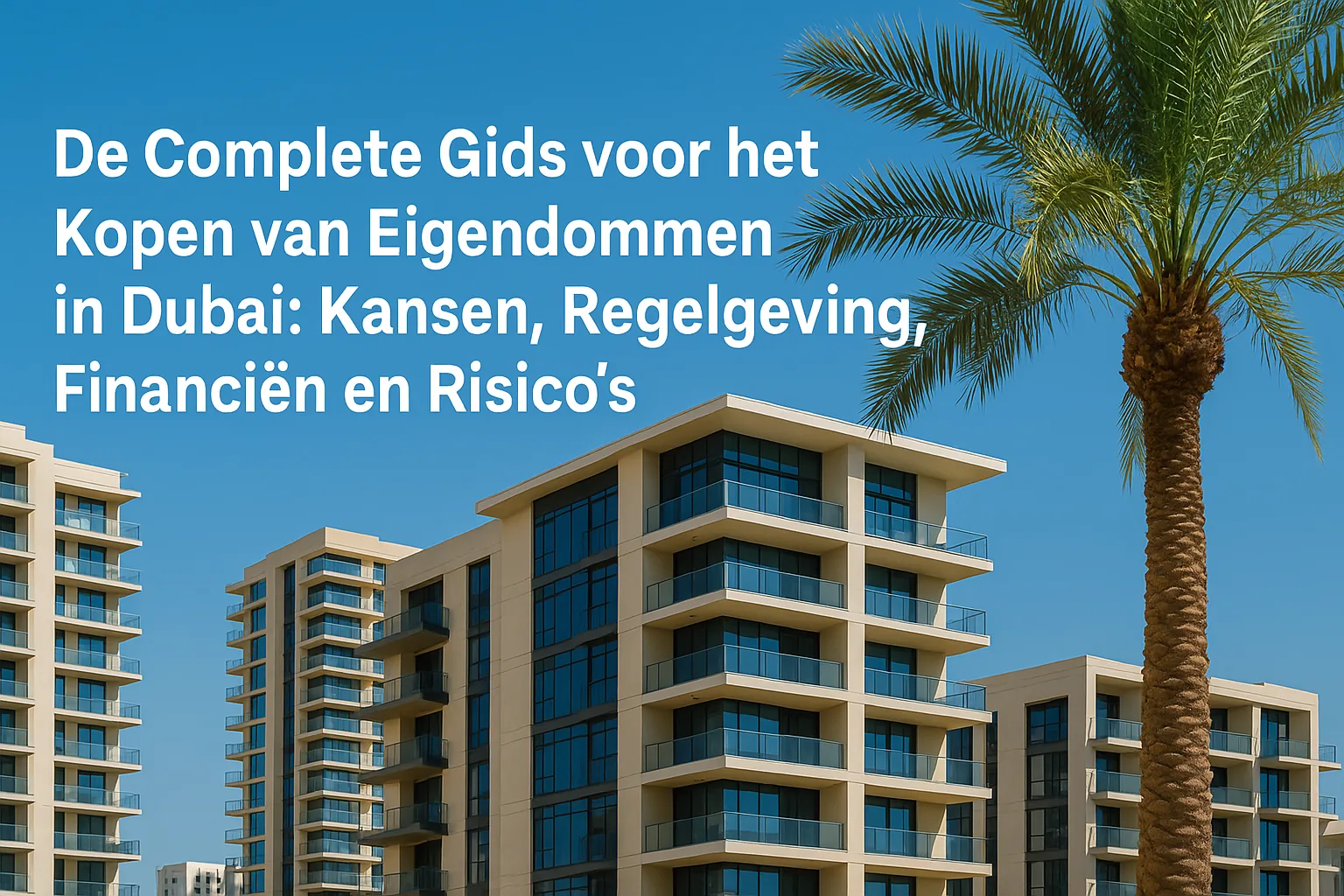 Moderne residenties in Dubai met een palmboom en een blauwe lucht, ideaal voor eigendom kopen in Dubai.