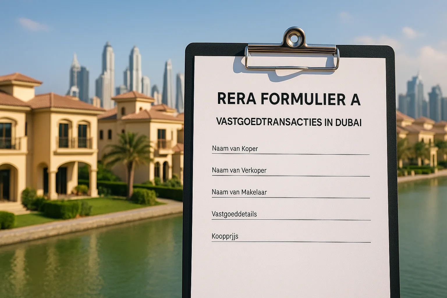RERA formulier A voor vastgoedtransacties in Dubai met huizen op de achtergrond.