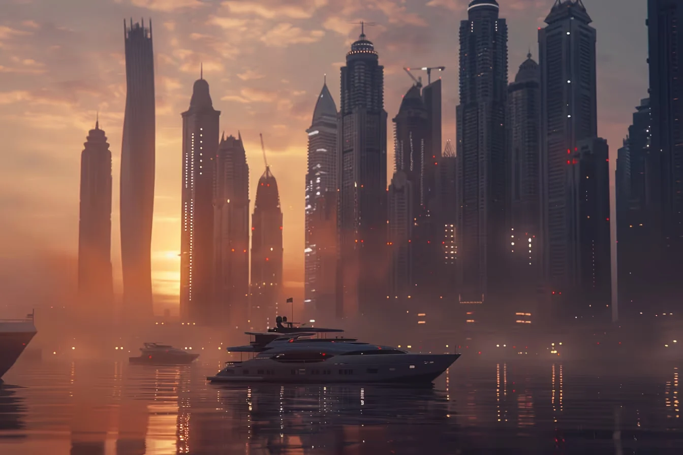 Luxe jachten bij Dubai Marina skyline als beeld bij marktrisico en vastgoed