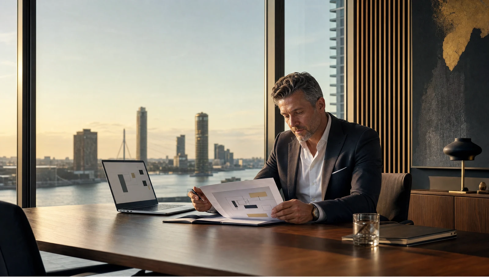 Technologieleider werkt aan digitale architectuur in een modern kantoor in Rotterdam.