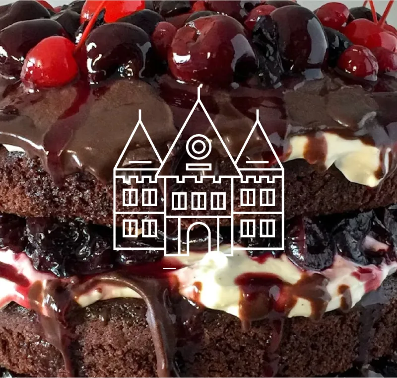 Bakery brand identity by Artion — line logo over chocolate cherry cake