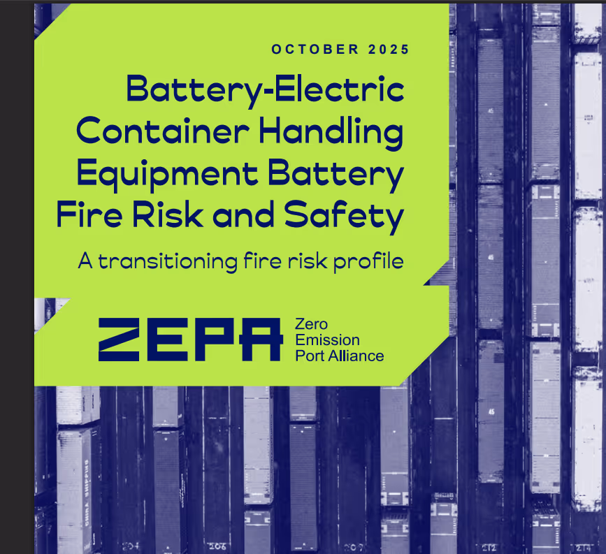 Aerial view of a container storage area at a port, showing neatly aligned rows of shipping containers in various sizes, with a single piece of container handling equipment positioned on the right side. The image, presented in monochromatic blue tones, emphasizes the scale and organization involved in port logistics.