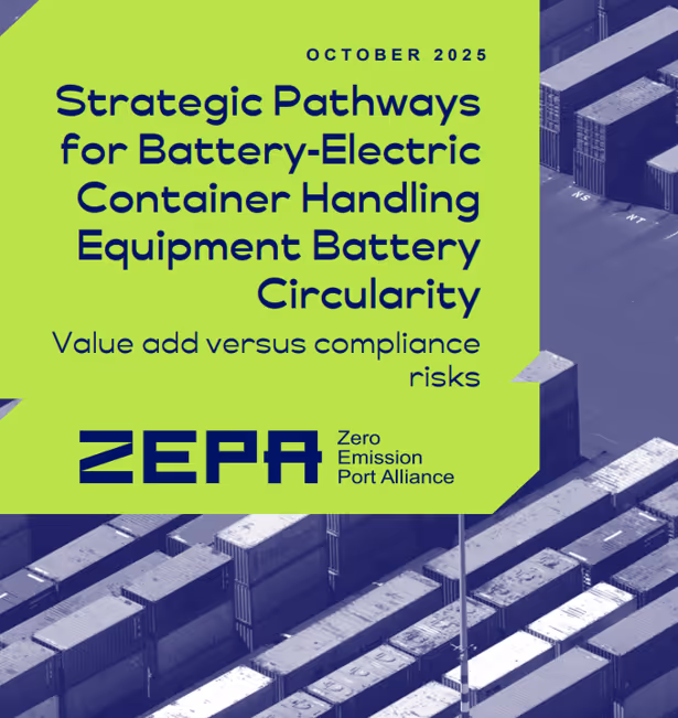 Aerial view of a container storage area at a port, showing neatly aligned rows of shipping containers in various sizes, with a single piece of container handling equipment positioned on the right side. The image, presented in monochromatic blue tones, emphasizes the scale and organization involved in port logistics.