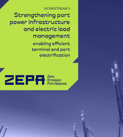 Aerial view of a container storage area at a port, showing neatly aligned rows of shipping containers in various sizes, with a single piece of container handling equipment positioned on the right side. The image, presented in monochromatic blue tones, emphasizes the scale and organization involved in port logistics.