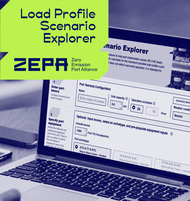 Aerial view of a container storage area at a port, showing neatly aligned rows of shipping containers in various sizes, with a single piece of container handling equipment positioned on the right side. The image, presented in monochromatic blue tones, emphasizes the scale and organization involved in port logistics.