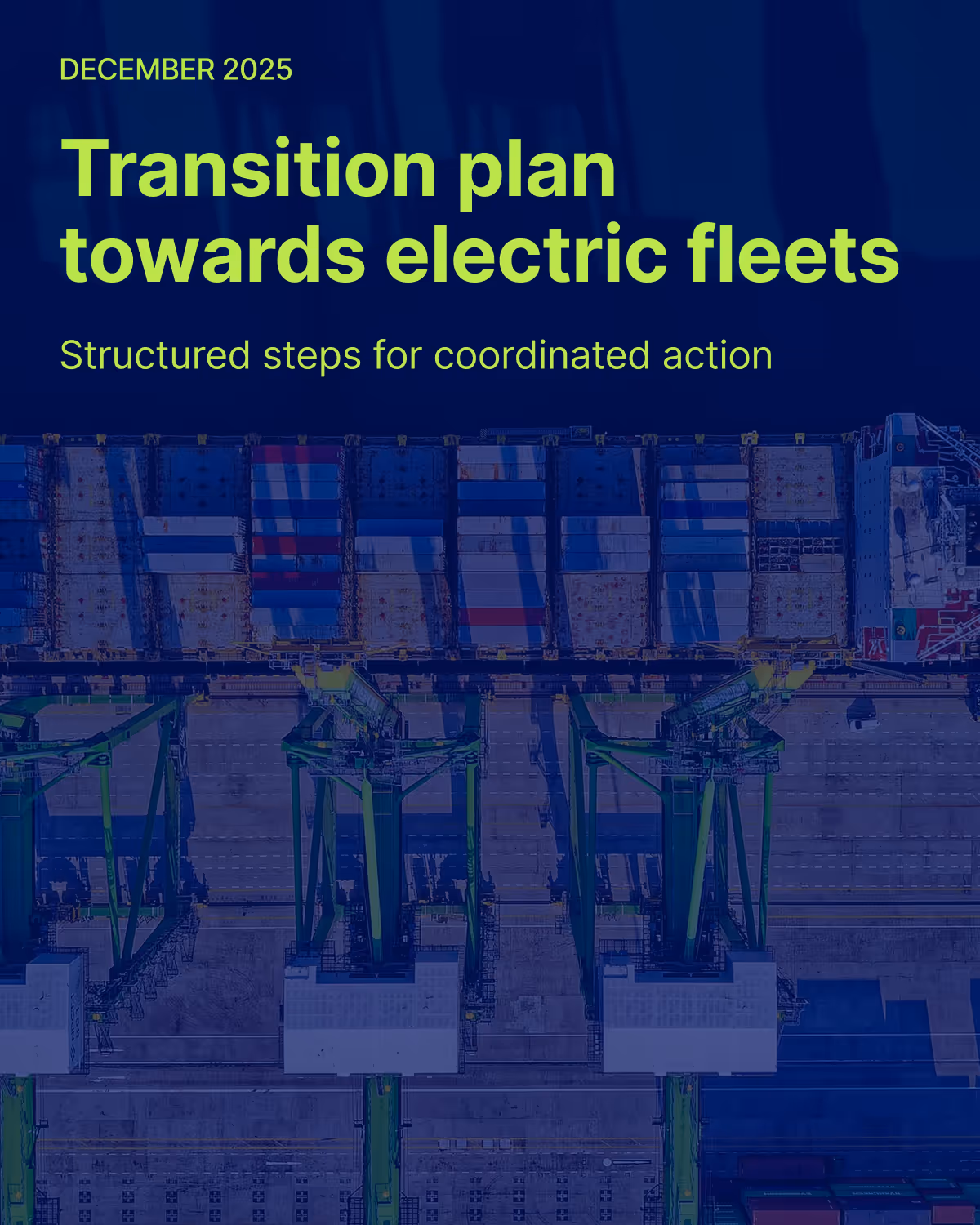 Aerial view of a container storage area at a port, showing neatly aligned rows of shipping containers in various sizes, with a single piece of container handling equipment positioned on the right side. The image, presented in monochromatic blue tones, emphasizes the scale and organization involved in port logistics.