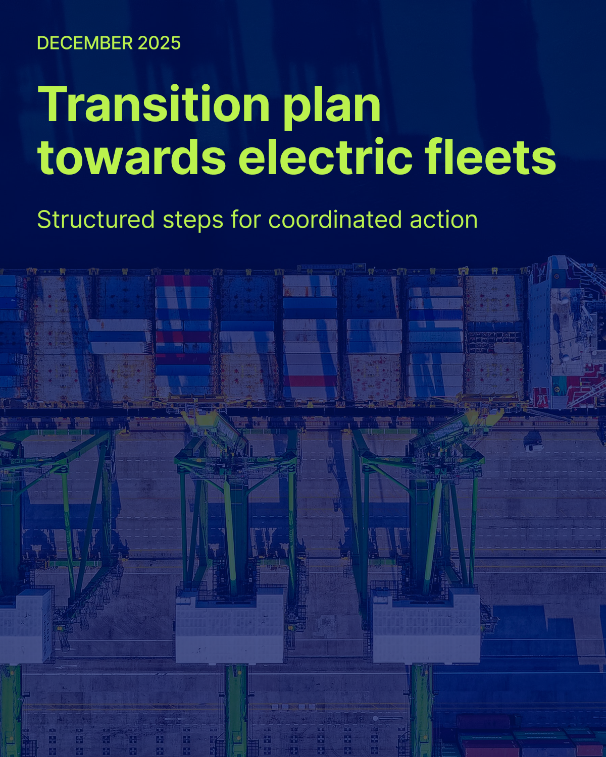 Aerial view of a container storage area at a port, showing neatly aligned rows of shipping containers in various sizes, with a single piece of container handling equipment positioned on the right side. The image, presented in monochromatic blue tones, emphasizes the scale and organization involved in port logistics.