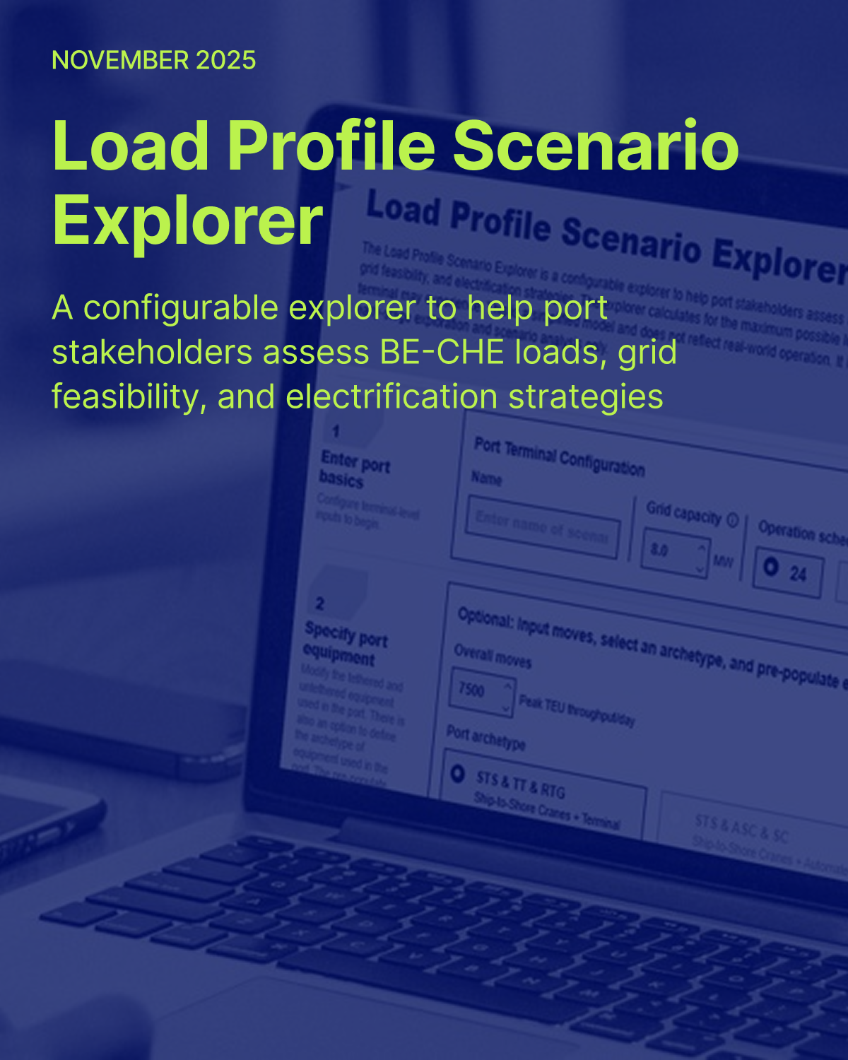 Aerial view of a container storage area at a port, showing neatly aligned rows of shipping containers in various sizes, with a single piece of container handling equipment positioned on the right side. The image, presented in monochromatic blue tones, emphasizes the scale and organization involved in port logistics.