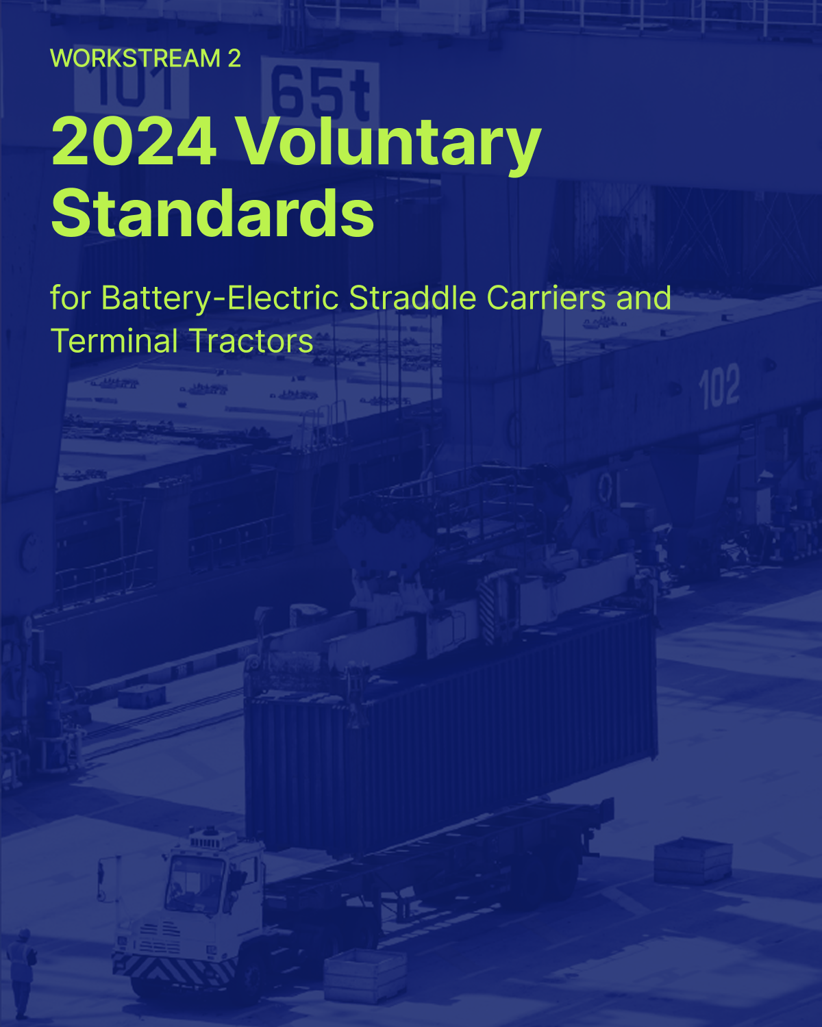 Aerial view of a container storage area at a port, showing neatly aligned rows of shipping containers in various sizes, with a single piece of container handling equipment positioned on the right side. The image, presented in monochromatic blue tones, emphasizes the scale and organization involved in port logistics.