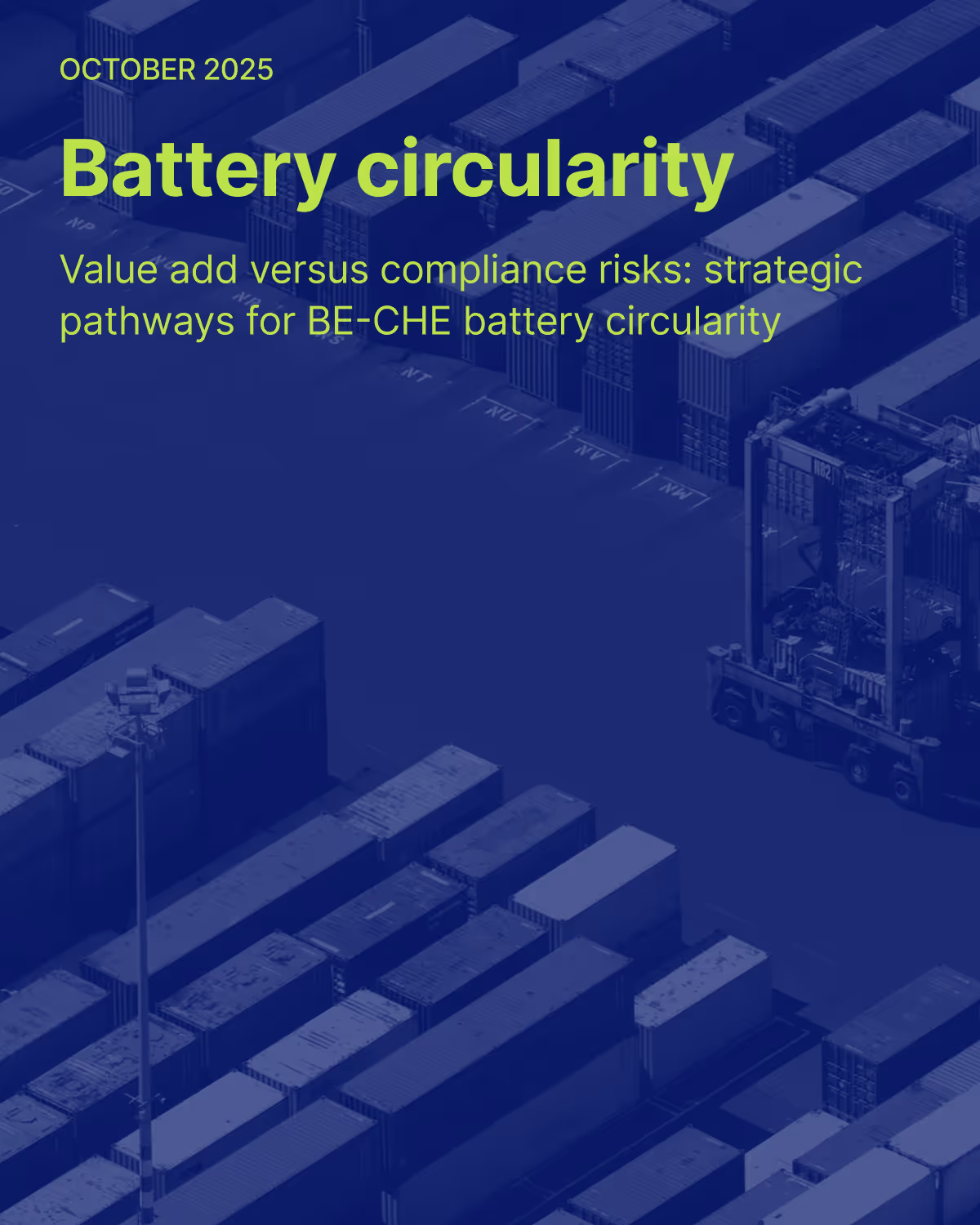 Aerial view of a container storage area at a port, showing neatly aligned rows of shipping containers in various sizes, with a single piece of container handling equipment positioned on the right side. The image, presented in monochromatic blue tones, emphasizes the scale and organization involved in port logistics.
