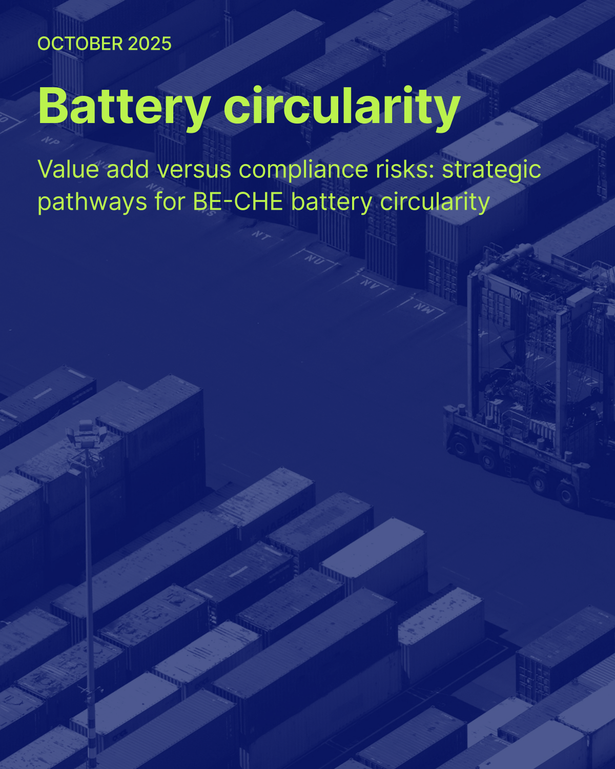 Aerial view of a container storage area at a port, showing neatly aligned rows of shipping containers in various sizes, with a single piece of container handling equipment positioned on the right side. The image, presented in monochromatic blue tones, emphasizes the scale and organization involved in port logistics.