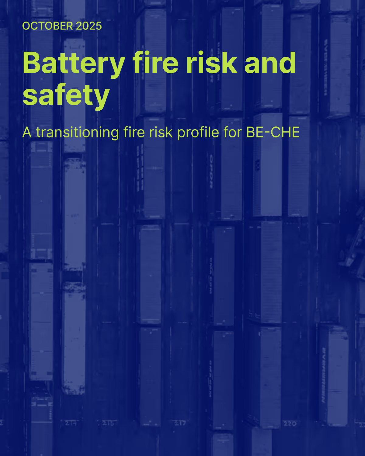 Aerial view of a container storage area at a port, showing neatly aligned rows of shipping containers in various sizes, with a single piece of container handling equipment positioned on the right side. The image, presented in monochromatic blue tones, emphasizes the scale and organization involved in port logistics.