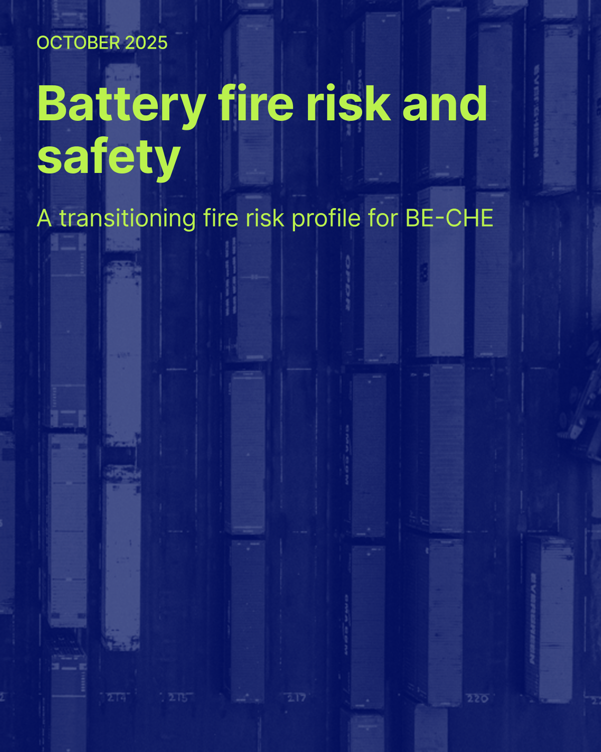 Aerial view of a container storage area at a port, showing neatly aligned rows of shipping containers in various sizes, with a single piece of container handling equipment positioned on the right side. The image, presented in monochromatic blue tones, emphasizes the scale and organization involved in port logistics.