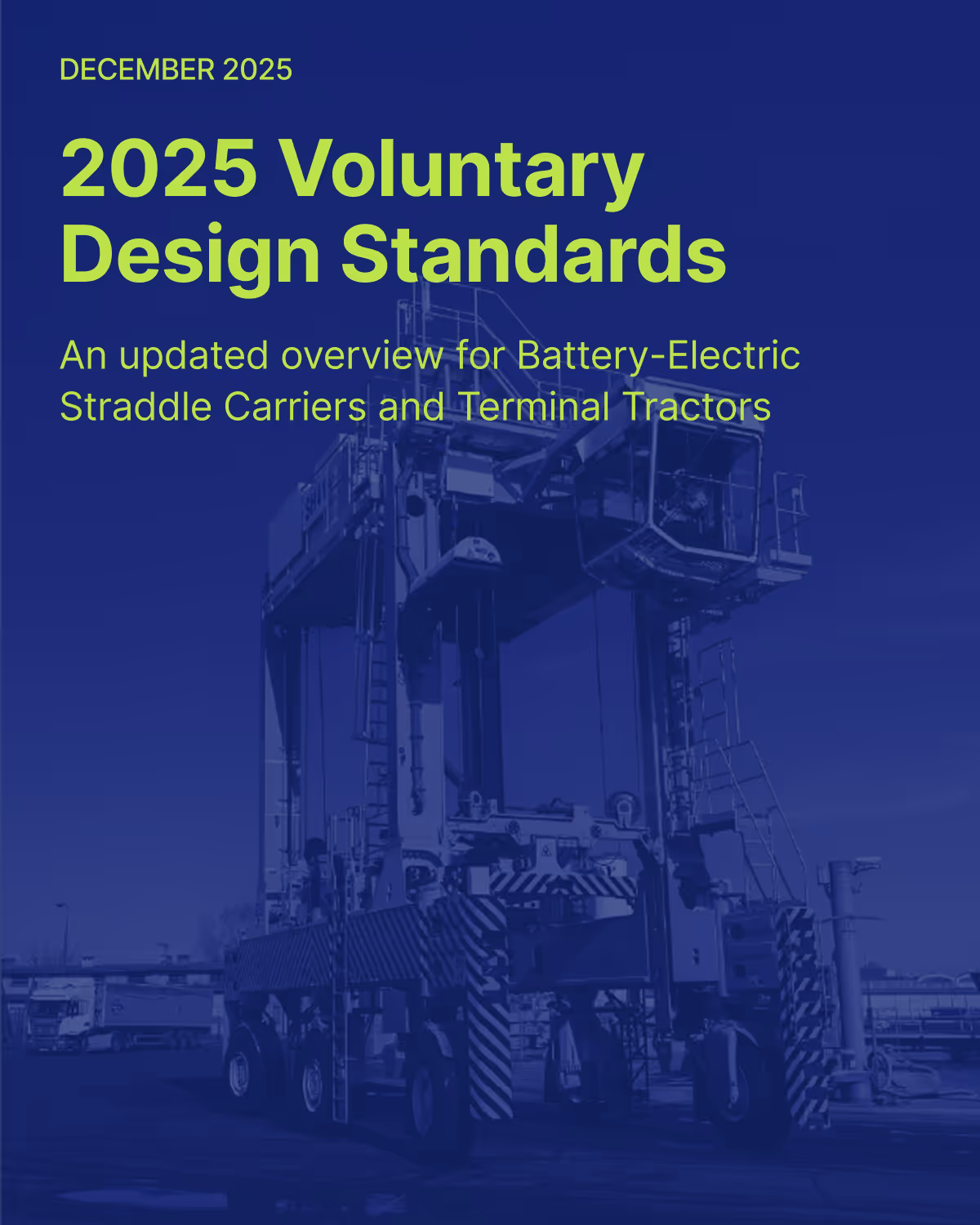 Aerial view of a container storage area at a port, showing neatly aligned rows of shipping containers in various sizes, with a single piece of container handling equipment positioned on the right side. The image, presented in monochromatic blue tones, emphasizes the scale and organization involved in port logistics.