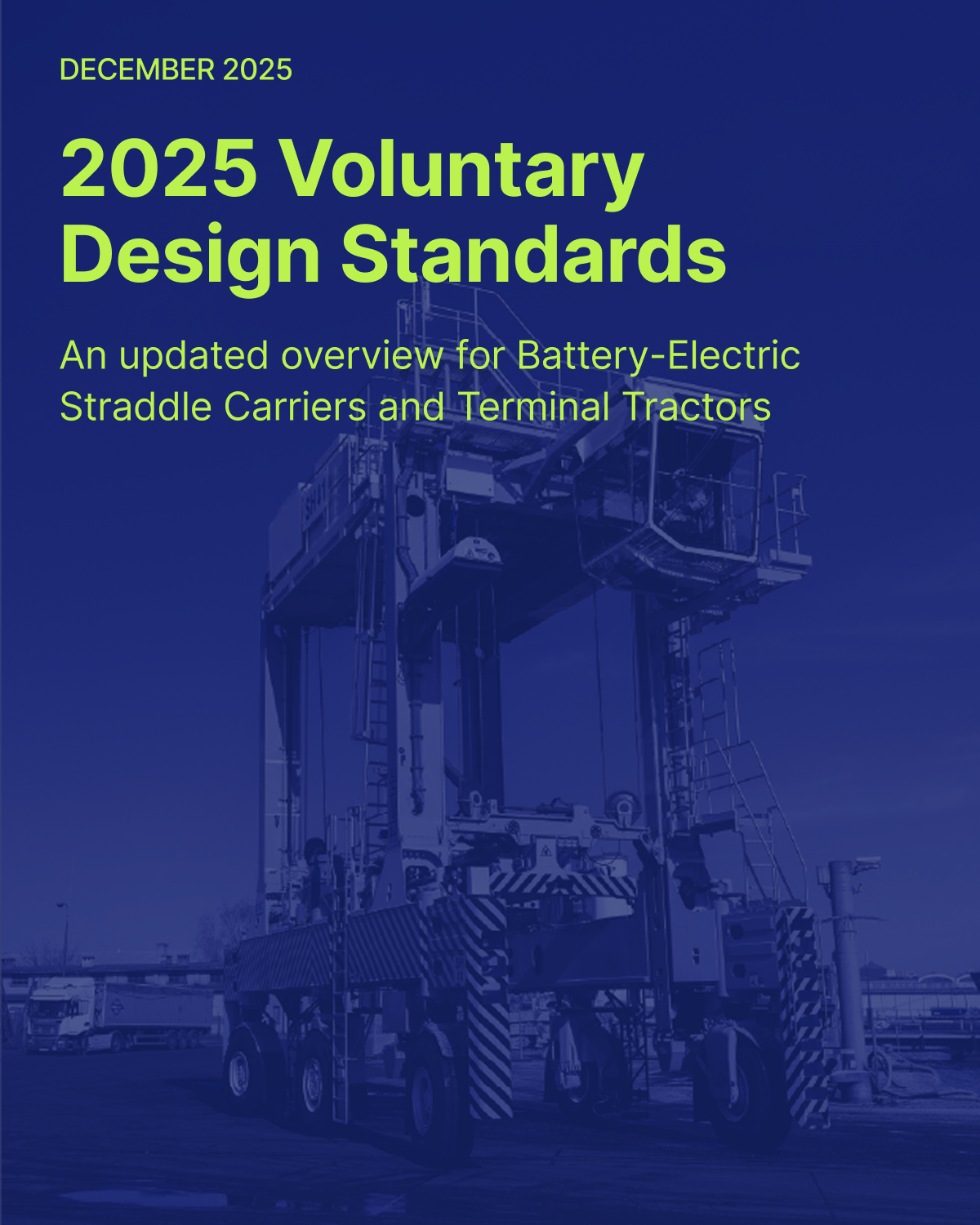 Aerial view of a container storage area at a port, showing neatly aligned rows of shipping containers in various sizes, with a single piece of container handling equipment positioned on the right side. The image, presented in monochromatic blue tones, emphasizes the scale and organization involved in port logistics.