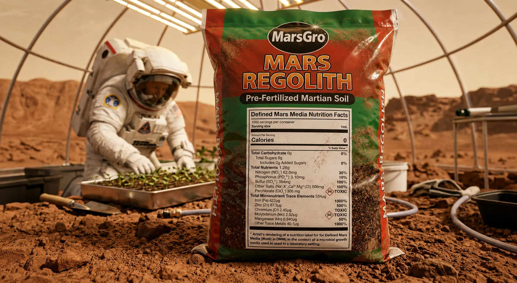 Bag of Mars Gro Mars Regolith pre-fertilized Martian soil with nutrition facts in a Mars greenhouse.