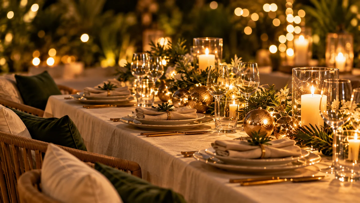 Table festive avec bougies et décoration dorée