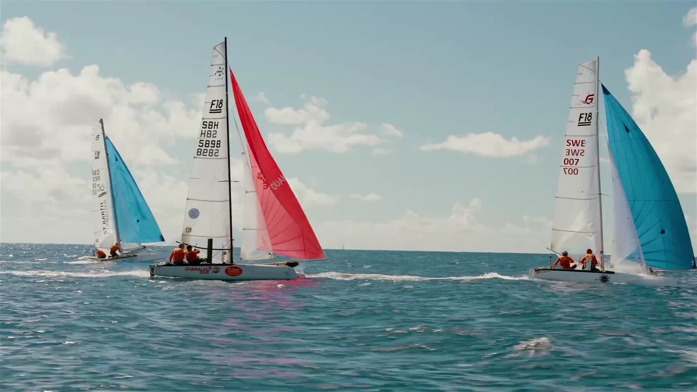 Catamarans with colourful sails at sea
