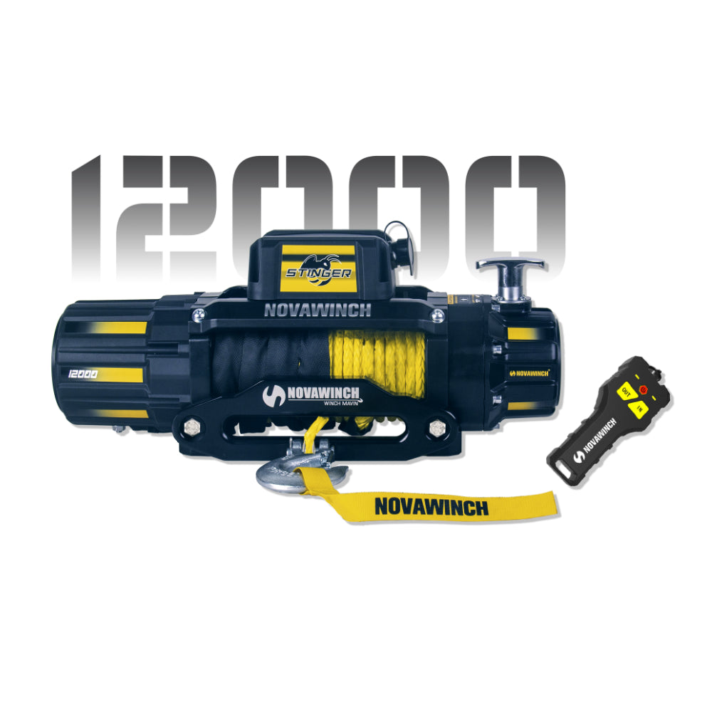 12,000lb (5,443kg) 'Stinger' 12V 4x4 Recovery Winch. 85ft (26m) x 9.2mm Synthetic Rope, Wireless Remote.