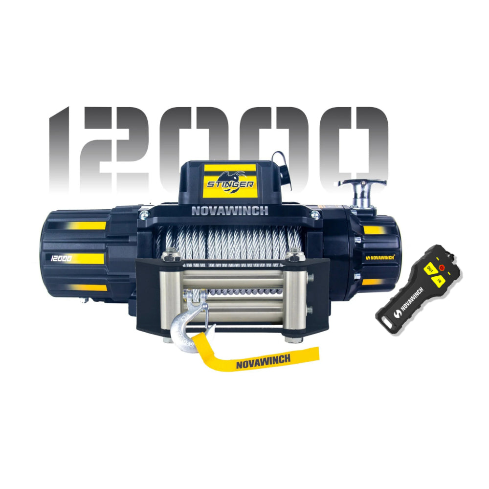 12,000lb (5,443kg) 'Stinger' 12V 4x4 Recovery Winch. 85ft (26m) x 9.2mm Wire Rope, Wireless Remote.