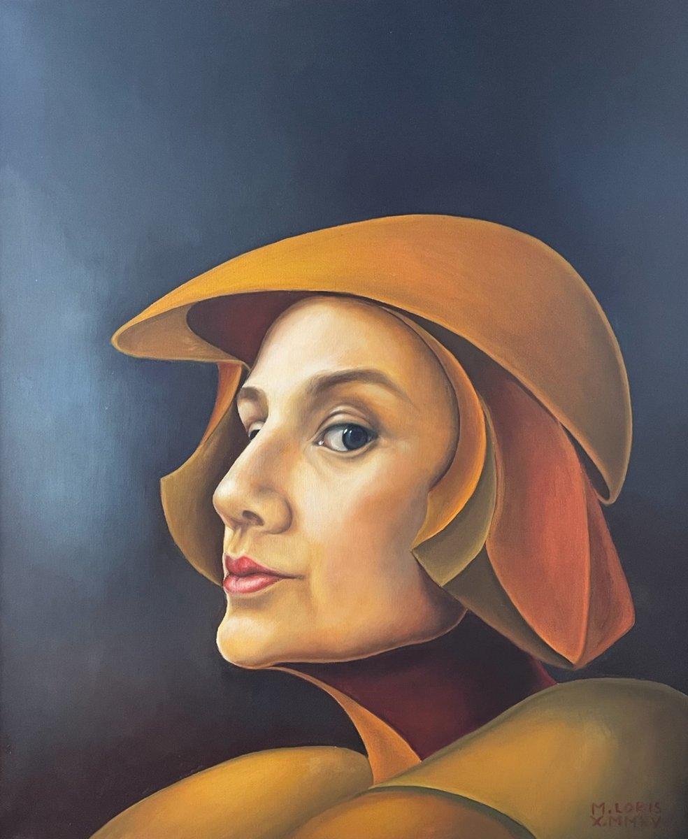 surrealist oil on canvas painting of woman looking sideways to the left with a abstract shapes of terracotta shades around the head 